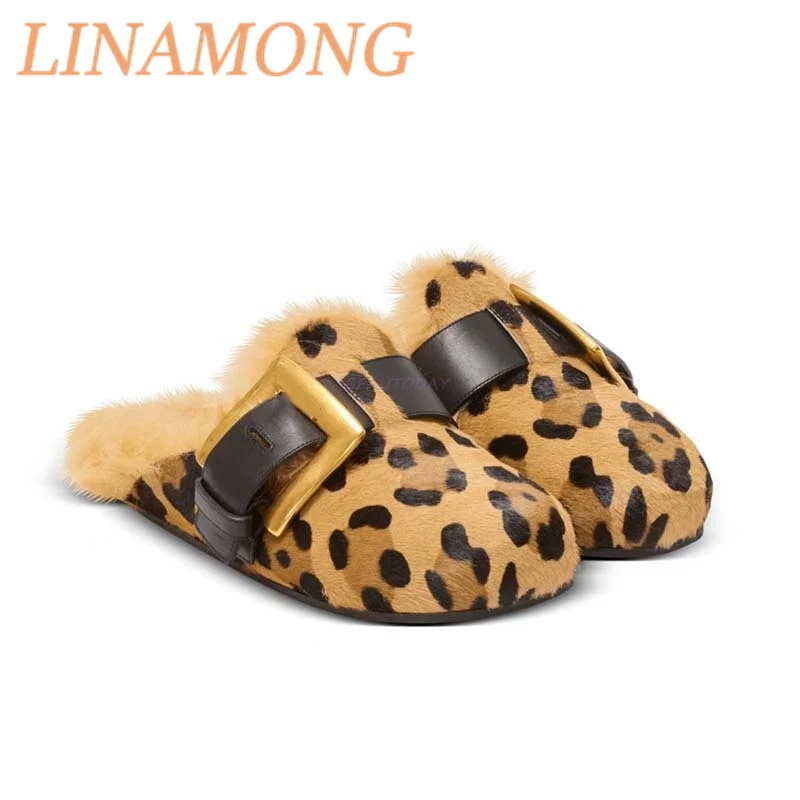 Leopard Print Velvet Wrapped Cotton Slippers Belt Buckle Decoration Flat Bottomed Feet Comfortable Wearing Outerwear Slippers