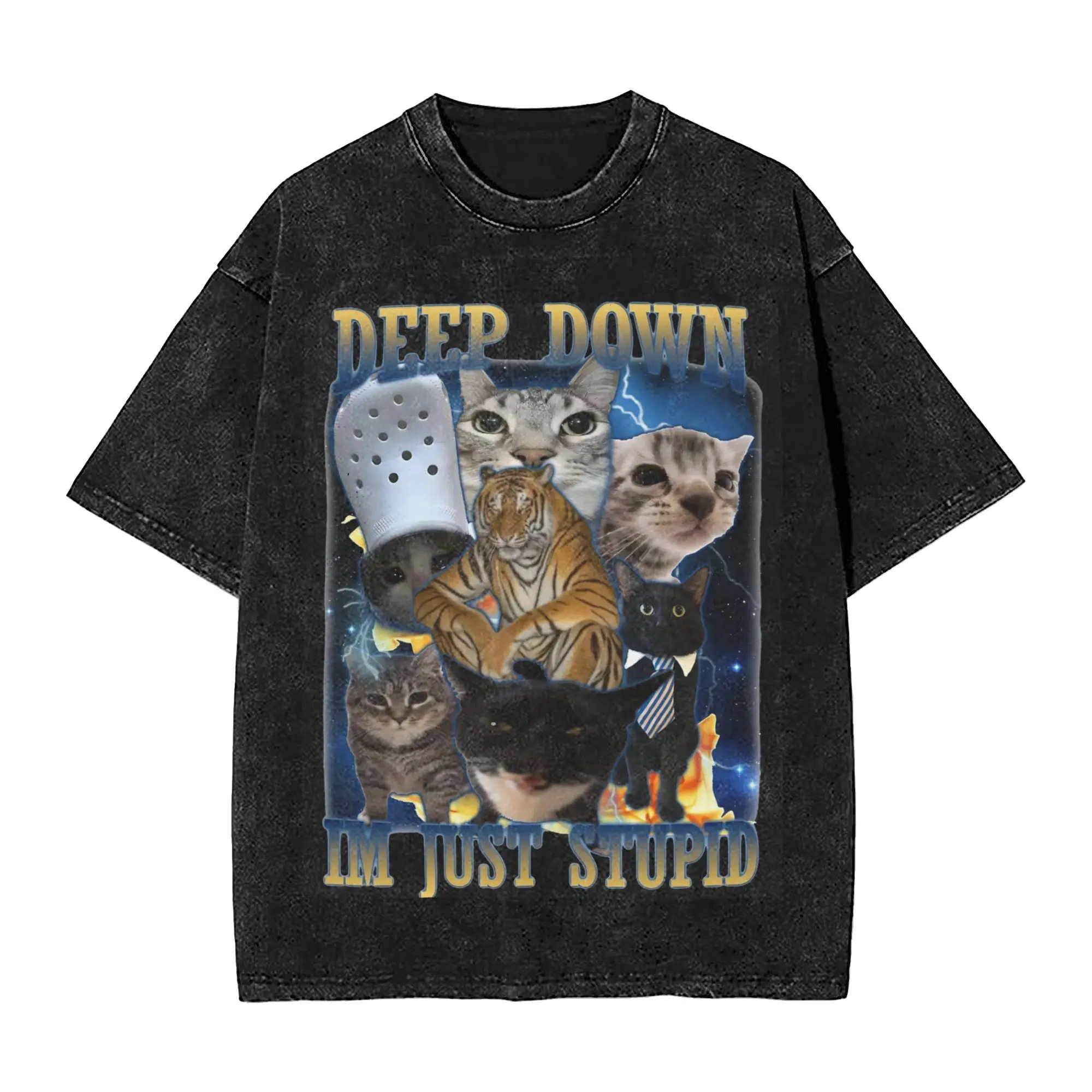 Deep Down Im Just Stupid Funny Cat Meme Washed T Shirt Fashion Harajuku Men Women  Hiphop Tee T-Shirts Short Sleeve