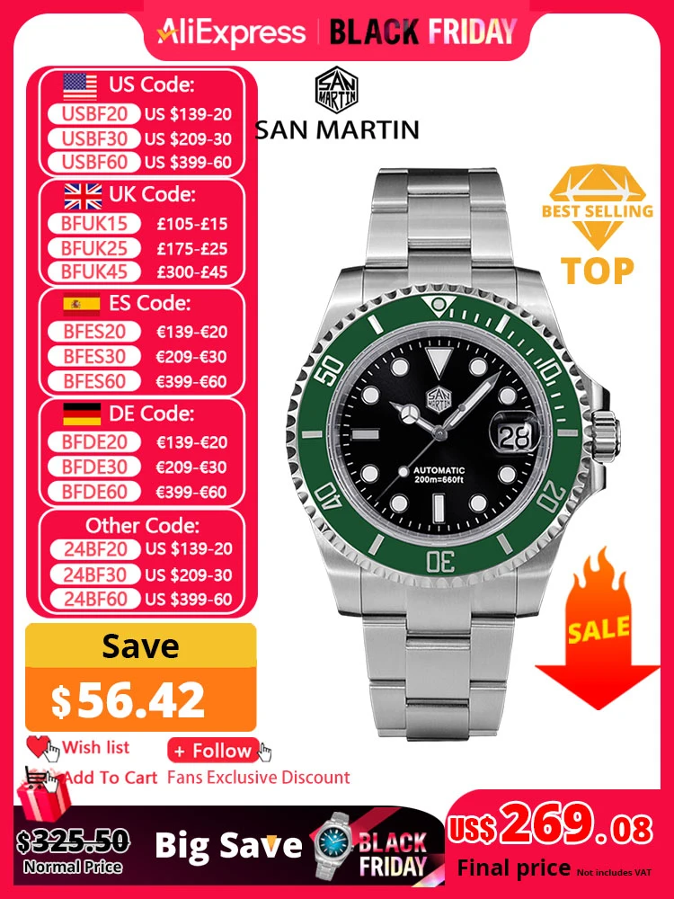 San Martin 41mm Mens Diver Watch Luxury Water Ghost PT5000 SW200 Automatic Mechanical Sapphire Date Cyclops 20Bar BGW-9 Luminous