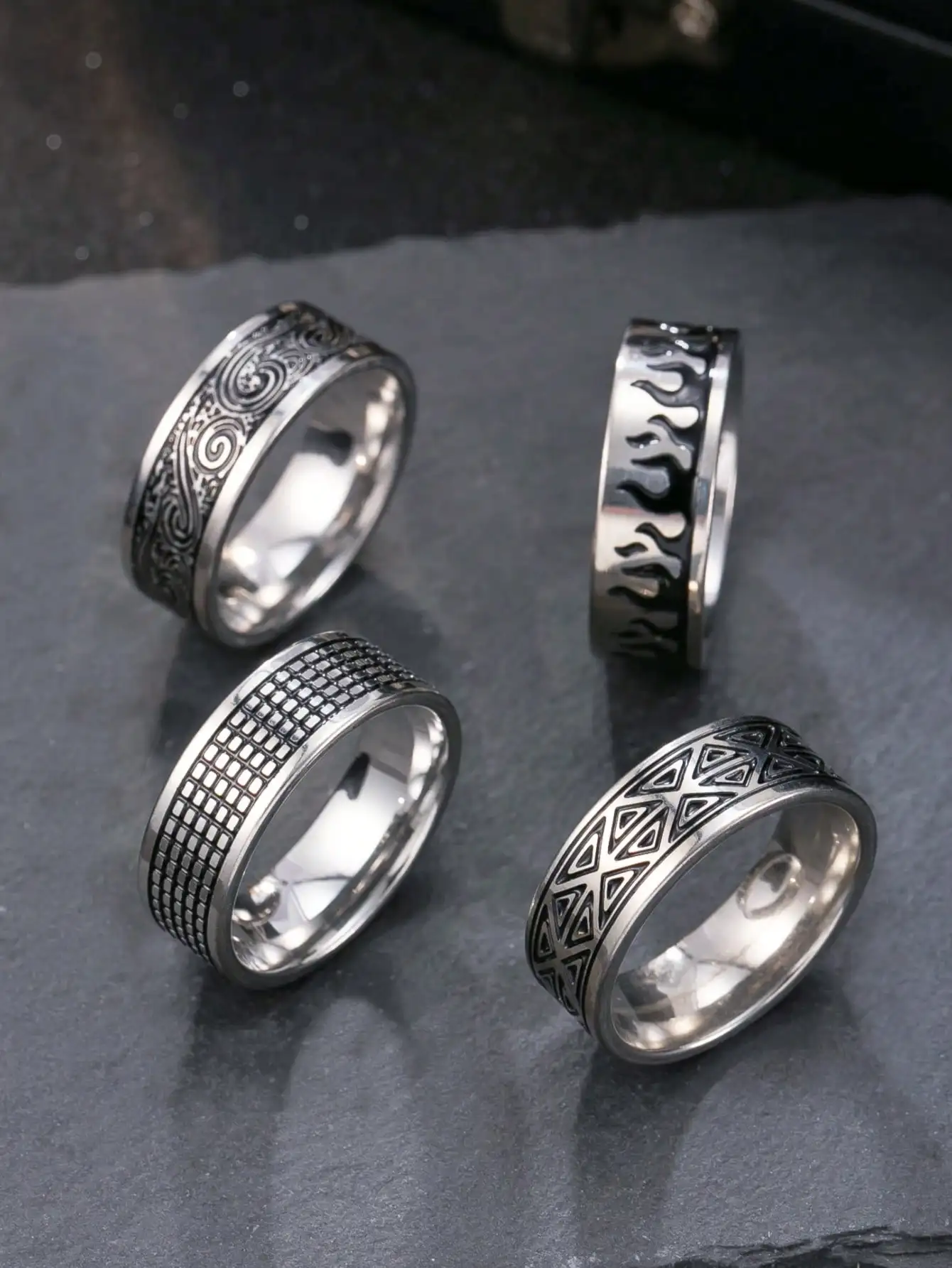

4pcs Men's Stainless Steel Rings with Geometric, Flame, Wave & Grid Engraved Patterns