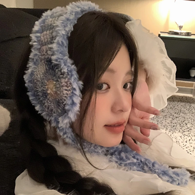 Y2K Gradual Change Color Knitted Earmuffs for Women Autumn and Winter Korean Retro Plush Warm Versatile Cute Strap Beanies