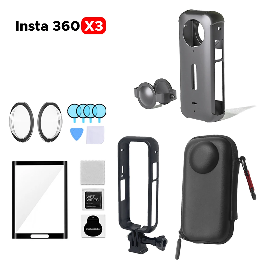 For Insta360 X3 Mini Storage Case Portable Protective PU Bag Screen and Lens Tempered Glass Film Protector Silicone Case Frame