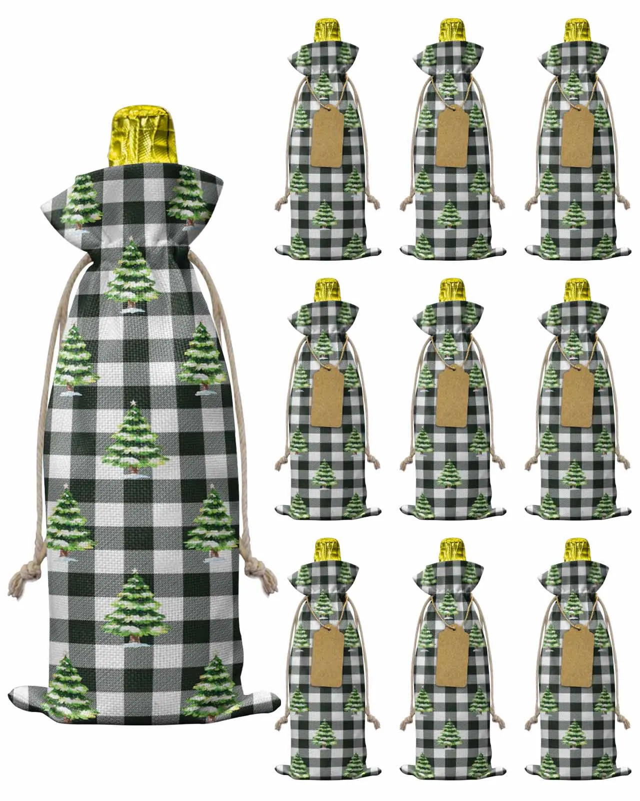 10pcs Christmas Tree Grid Hand-PaintedWine Bottle Bag with Drawstring Festive Party Decor Wine Bottle Covers Gift