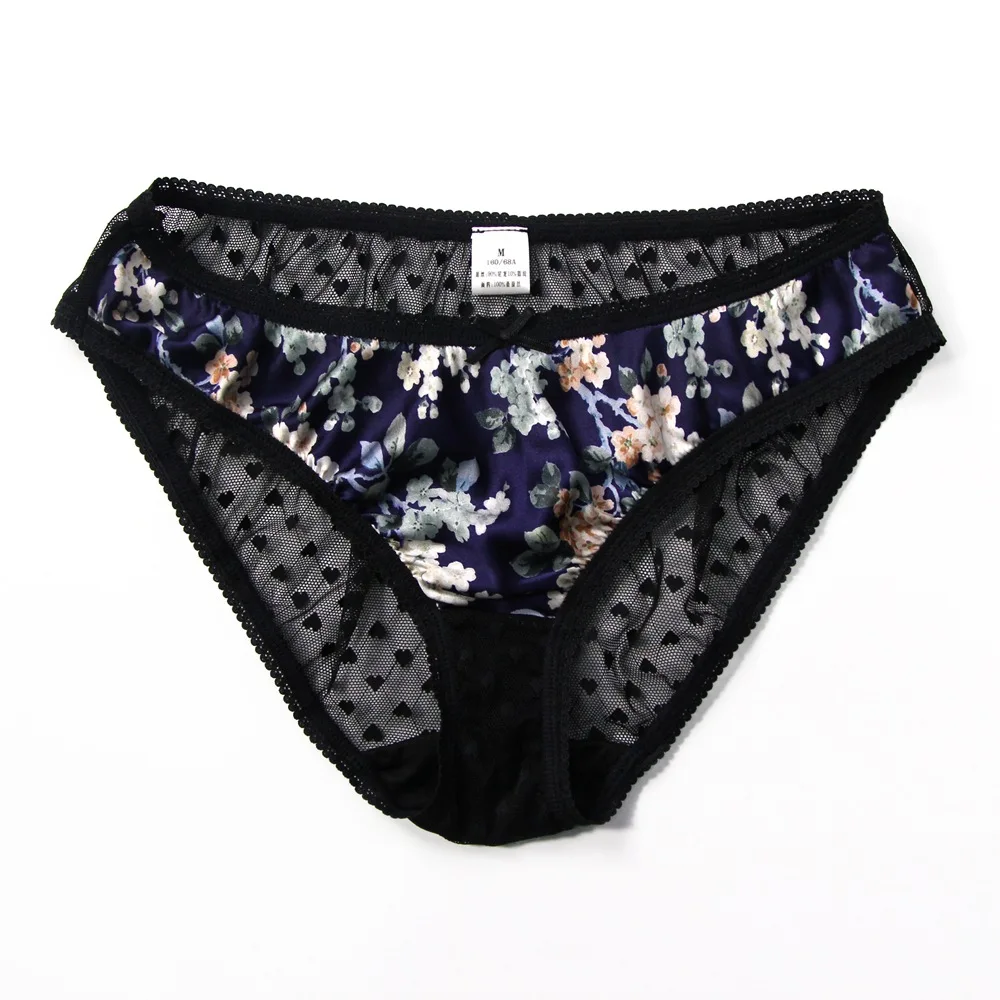 

Mulberry Silk Lace Women's Panties Floral Plain Satin Love Black Sexy Perspective Briefs Knitting Breathable Low Waist Seamless