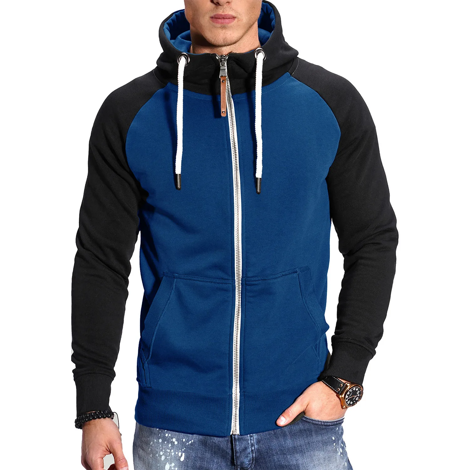 Men's Colour-matched Fitness Hoodie Casual Sports Jackets Contrast Color Raglan Sleeve Cardigan Coats Quick-drying Leisure Coat