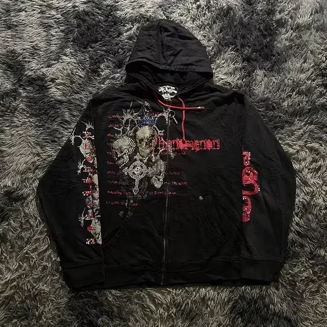 Affliction Fashion Hoodie Street Gothic Skull Oversize Zipper