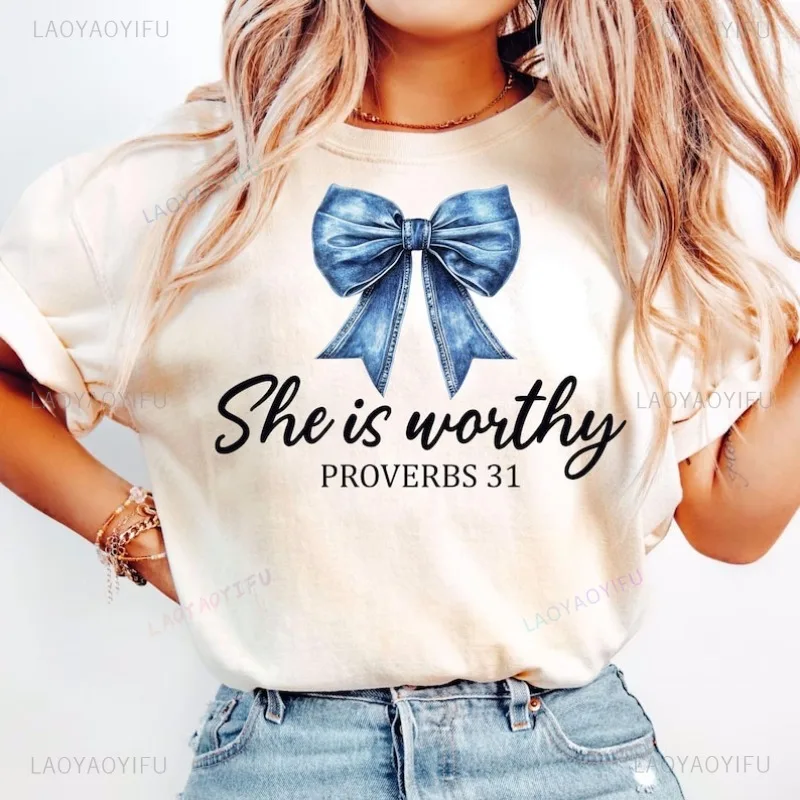 

Coquette Christian Women Shirt Girly Faith Tees Christian Bow Shirts Bible Verse Coquette Tees Casual Wear Funny Bowknot
