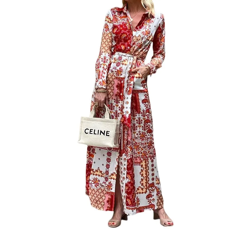 2024 Autumn New Women's Fashion Printed Bohemian Long Shirt Dress