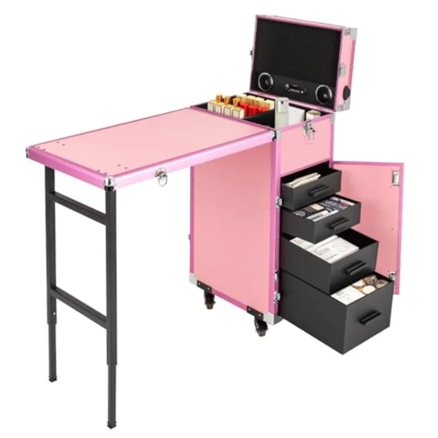 Professional cosmetic trolley for salon use, aluminum alloy frame, white finish, foldable design with 4 drawers, integrated mir