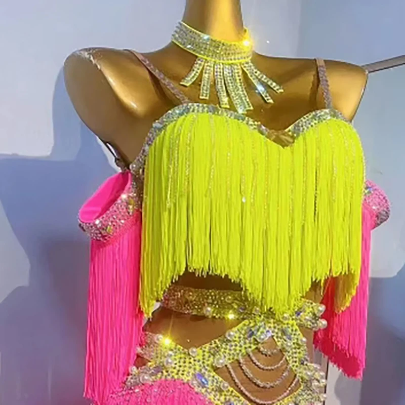 

Latin Dance Competition Women's High-end Custom Two-color Handmade Tassel Samba Performance Rhinestone Clothing Dress