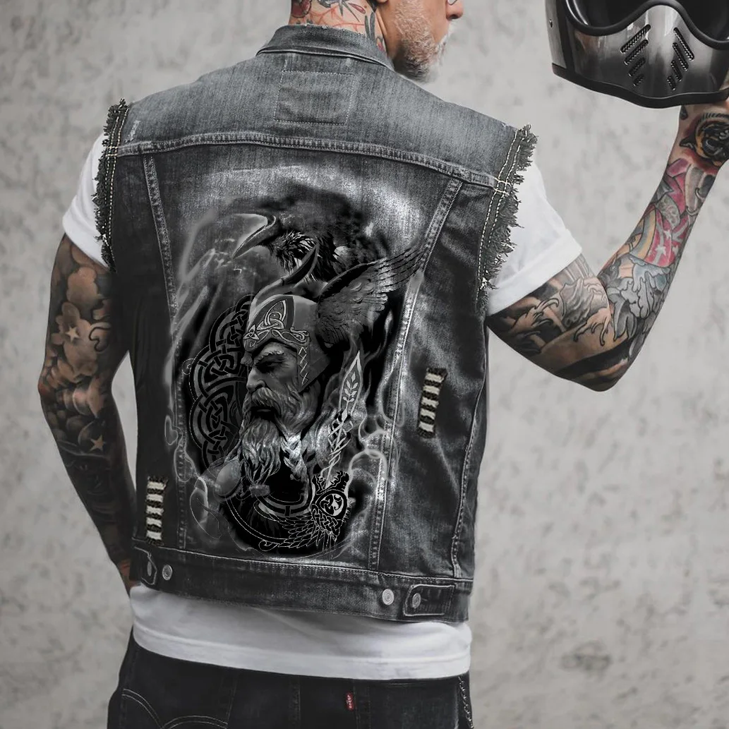 Men\'s Denim Waistcoat Sleeveless Vestpersonalized Pattern Viking Printing Vintage Fur Edge Hole Motorcycle Vest Coat 2023 Men\'s