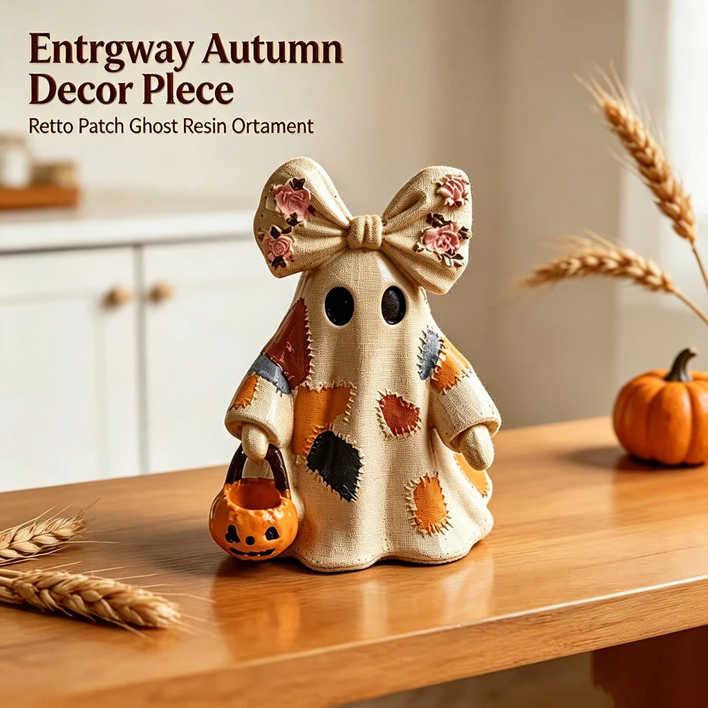 Halloween Ghost Figurine Resin Decoration Cute Patchwork Ghost Statue with Pumpkin Basket Home Decor Party Ornament Gift