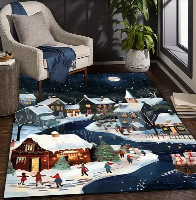 Rustic Christmas Village Snow Scene Area Rug Christmas Decoration Floor Mat Living Room Bedroom Kitchen Room Stylish Home Decor