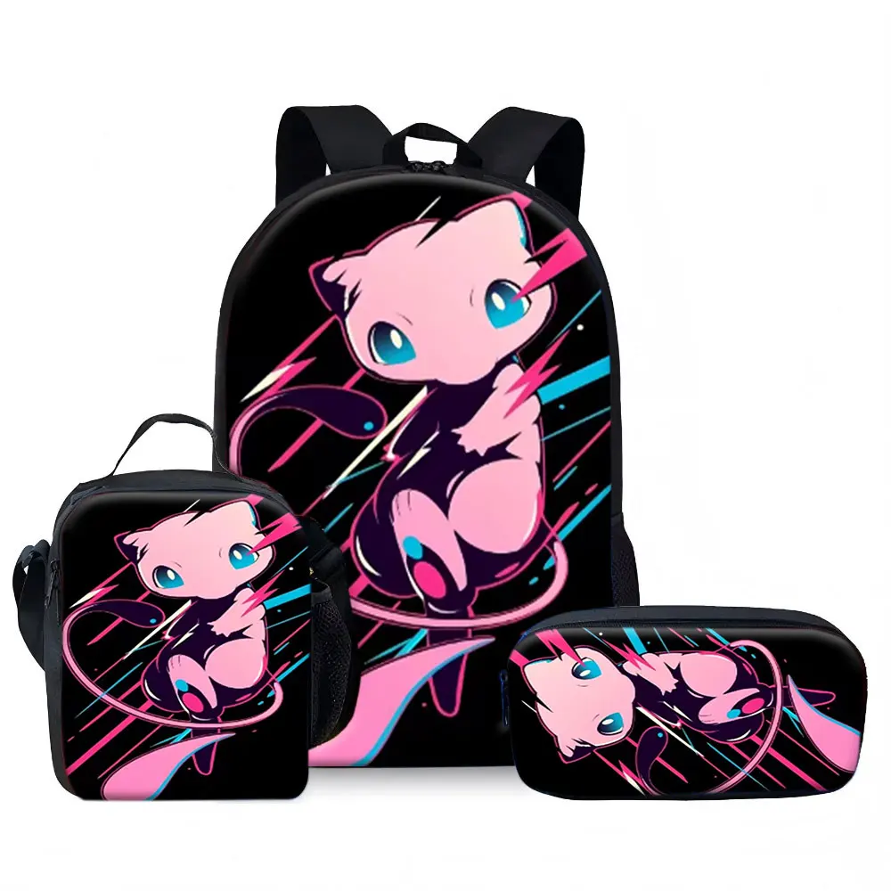 Kids Bag,Pokemon,Mew 3pcs Backpack Set Neon Speed Lines Print Breathable Canvas School Bag for Kids Students