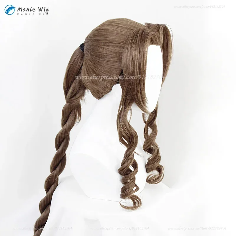 FF7 에어리스 게인스보로 코스프레 85cm 긴 갈색 꼬리 머리 내열성 합성 애니메이션 가발 + 가발 모자