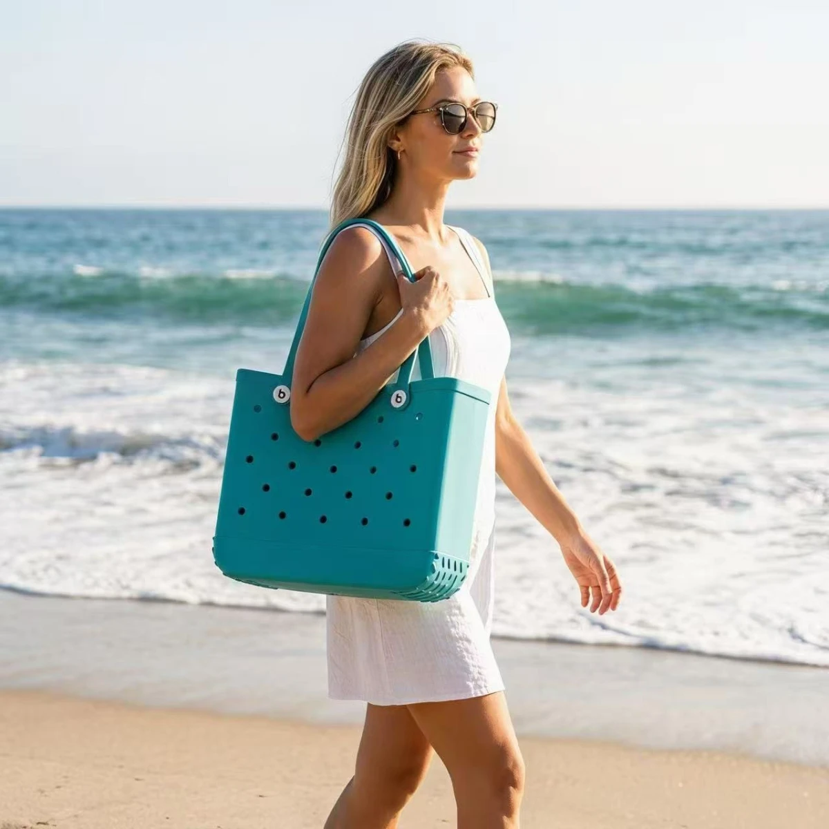 EVA wasserdichte Tragetasche, langlebig, Lochdesign, Strandkorb, Einkaufen, Reisen, Pool, Outdoor, leicht, leicht zu reinigen, wiederverwendbar, mehrfarbig