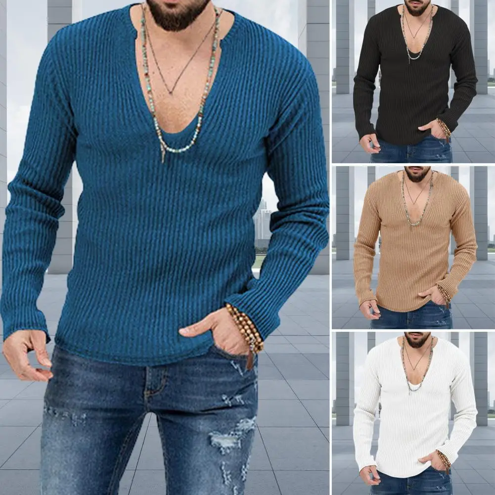 V-neck Sweater Stylish Men's V Neck Sweater Slim Fit Soft Knitted Pullover with Striped Texture Fall/winter Bottoming Top Slim