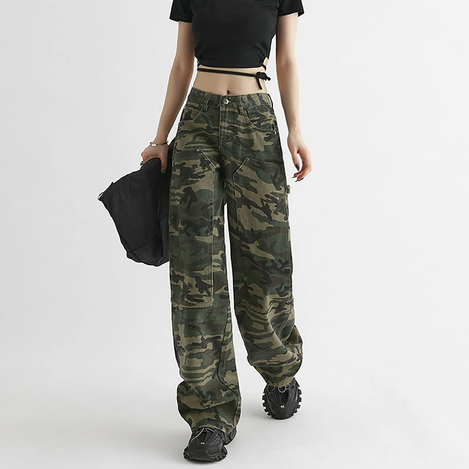 Camo Casual Jeans For Women's Work Wear Pants Military Green High Street Pant High Waist Fashion Cool Straight Leg Pants New