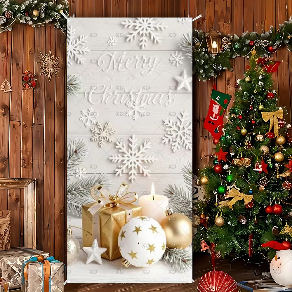 Winter Snowflake Christmas Door Cover Background Xmas New Year Decoration Backdrop Warm Lamp Snowy Forest Photography Banner