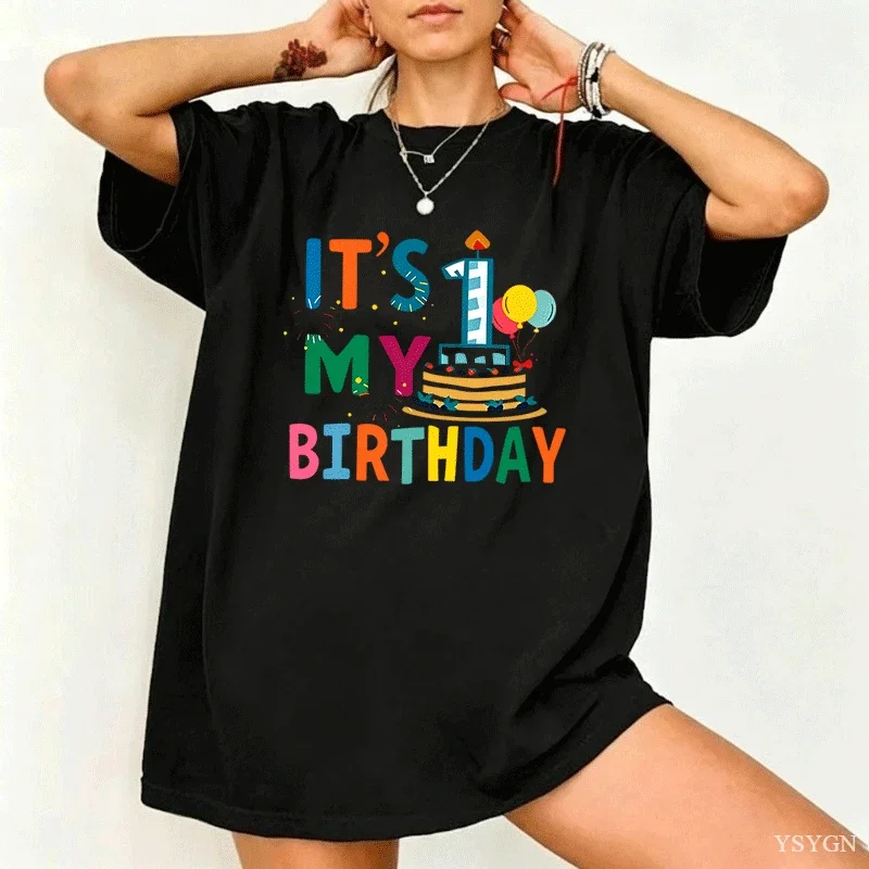 It S My First Birthday Cake Balloon Colorful Letter Graphic Women T Shirt Men Family Matching Summer Crew Neck Casual Tee Tops