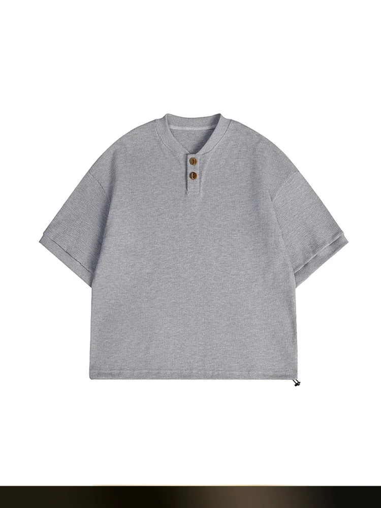 

Футболки унисекс в американском ретро-стиле с деревянными пуговицами и воротником хенли, свободного кроя, летние, повседневные, из смесового полиэстера и хлопка, молодежные