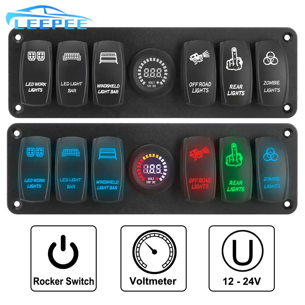 6 Gang Rocker Switch Panel Waterproof On-Off LED Voltage Display for RV Car Marine Circuit Breaker 12-24V