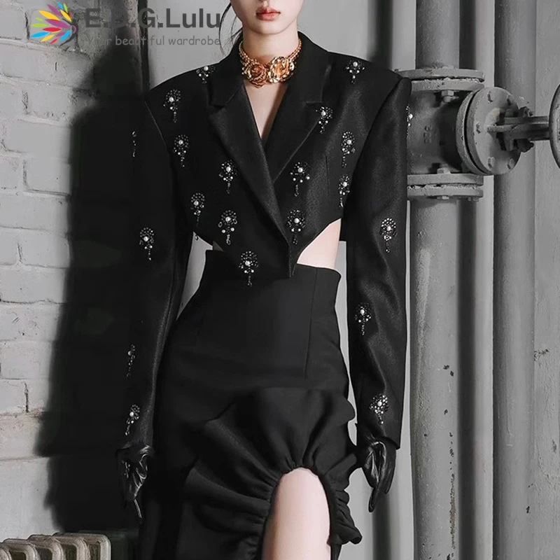 

EDGLuLu 2025 New Women's Turn-Down Collar Long Sleeves Short Blazer Designer Nail Bead Splicing Asymmetric Black Jacket 1024