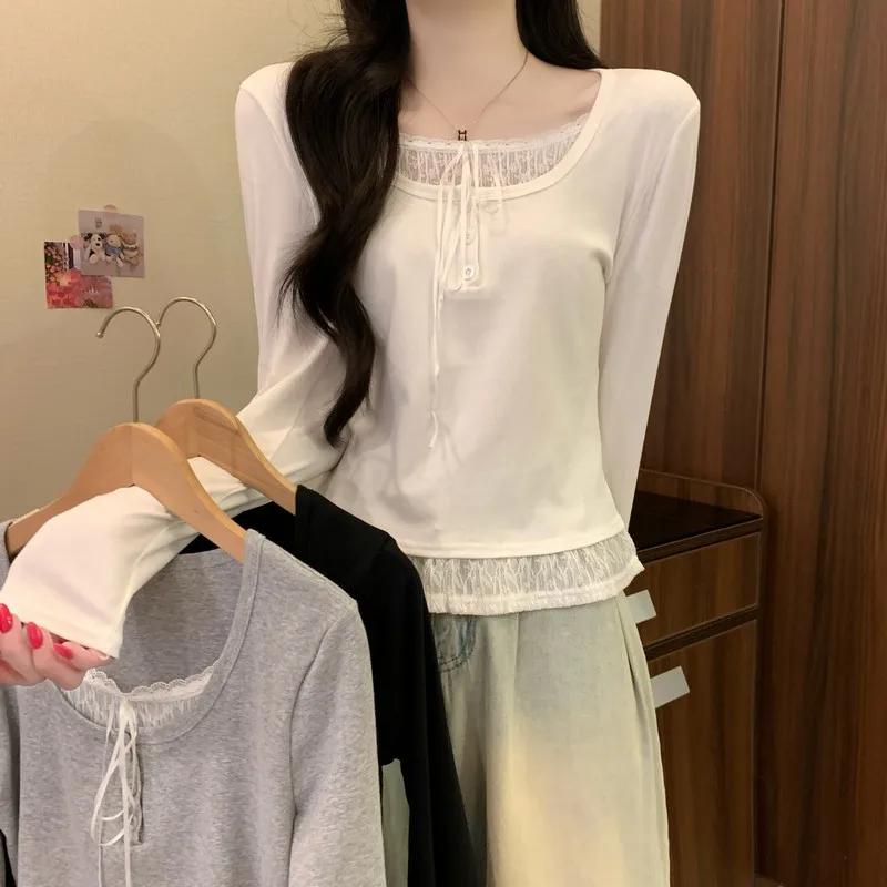 Korean Style Pure Desire Lace Splice Long Sleeve T-Shirt Women's Early Autumn Slimming Short Style Anti-Aging Top