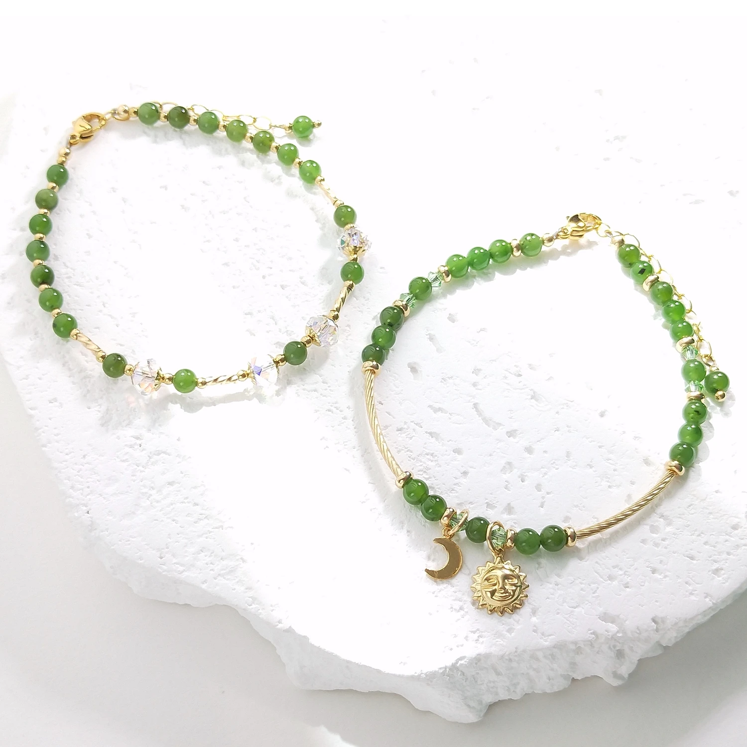 Lii Ji Natural Hetian Jade 4mm With Thick Gold Bangle American 14K Gold Filled Bracelet Handmade Fashion Jewelry