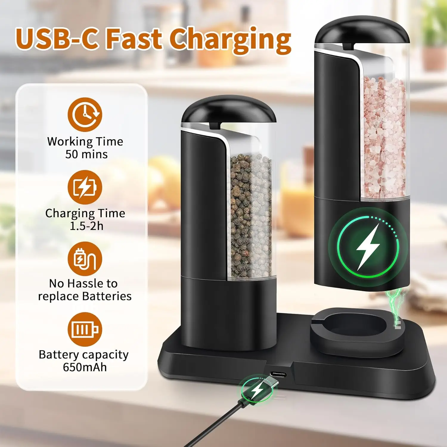 USB wiederaufladbare elektrische Salz- und Pfeffermühle mit Ladestation, automatische Pfeffermühlen, Gewürzmühlen, einstellbare Grobheit