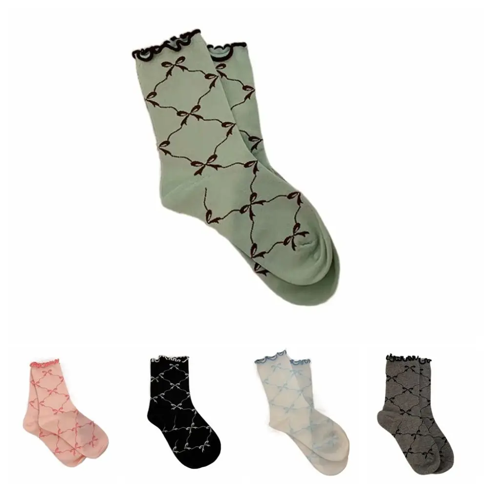 5Pairs Soft Thin Cotton Ruffle Bow Socks Ins Style Lolita Mid Tube Socks Female Hosiery Breathable Sweet Socks Women Girl