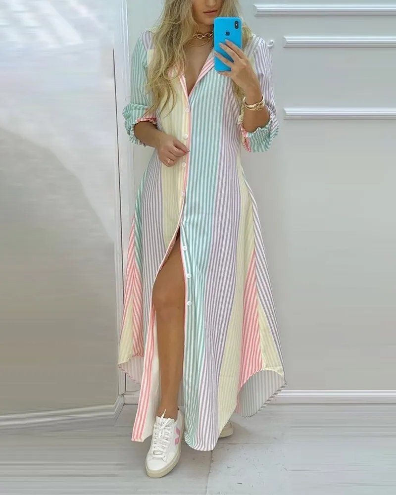 Printemps et été mode chemise sexy jupe longue robe femmes