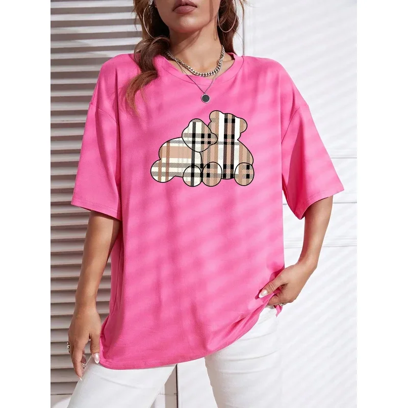 Checkered Bear Pattern Printing Womens Tee Clothes Soft Regular Tees Sporty Machine Washable Clothing Retro Loose T-Shirt