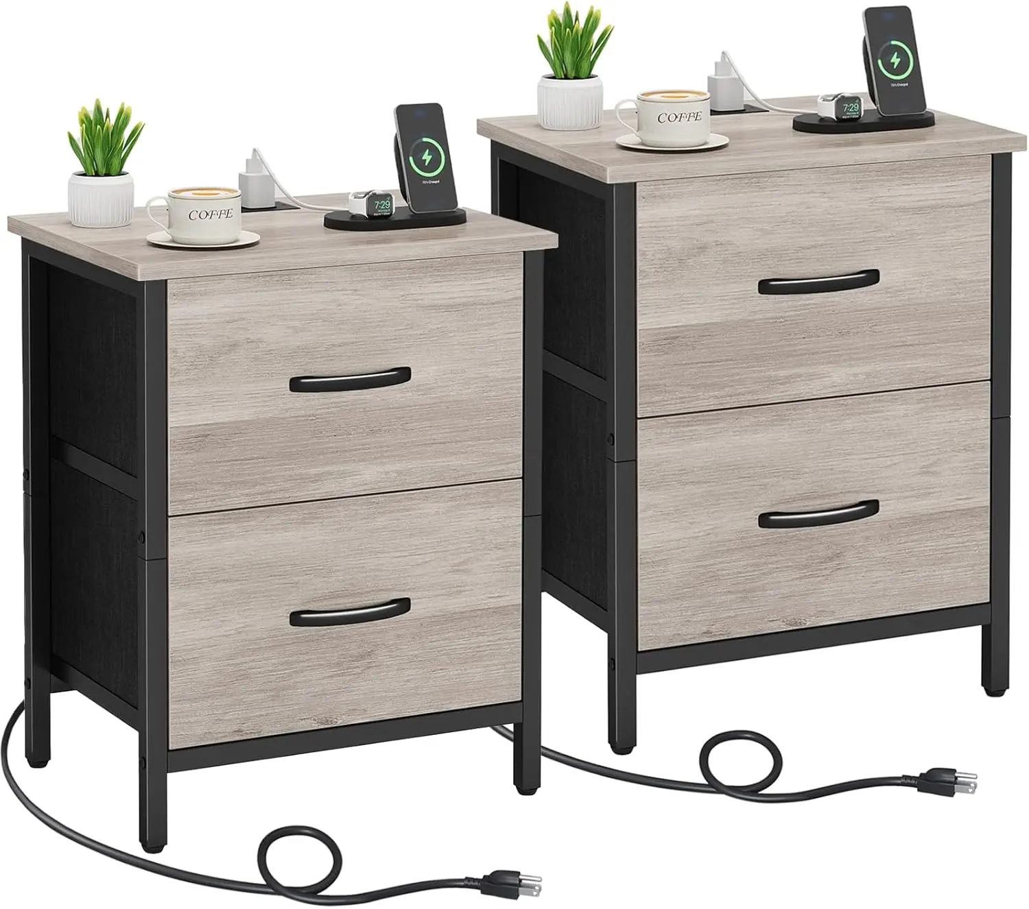 

2-Piece Nightstand Set with Charging Station, USB Ports & Fabric Drawers for Bedroom or Living Room in Greige