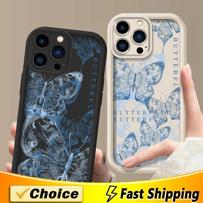 Blue Butterfly Silicone Couple Phone Case for iPhone 11 12 13 14 15 Pro Max XS XR 7 8 6 Plus SE2020 Camera Lens Protection Cover