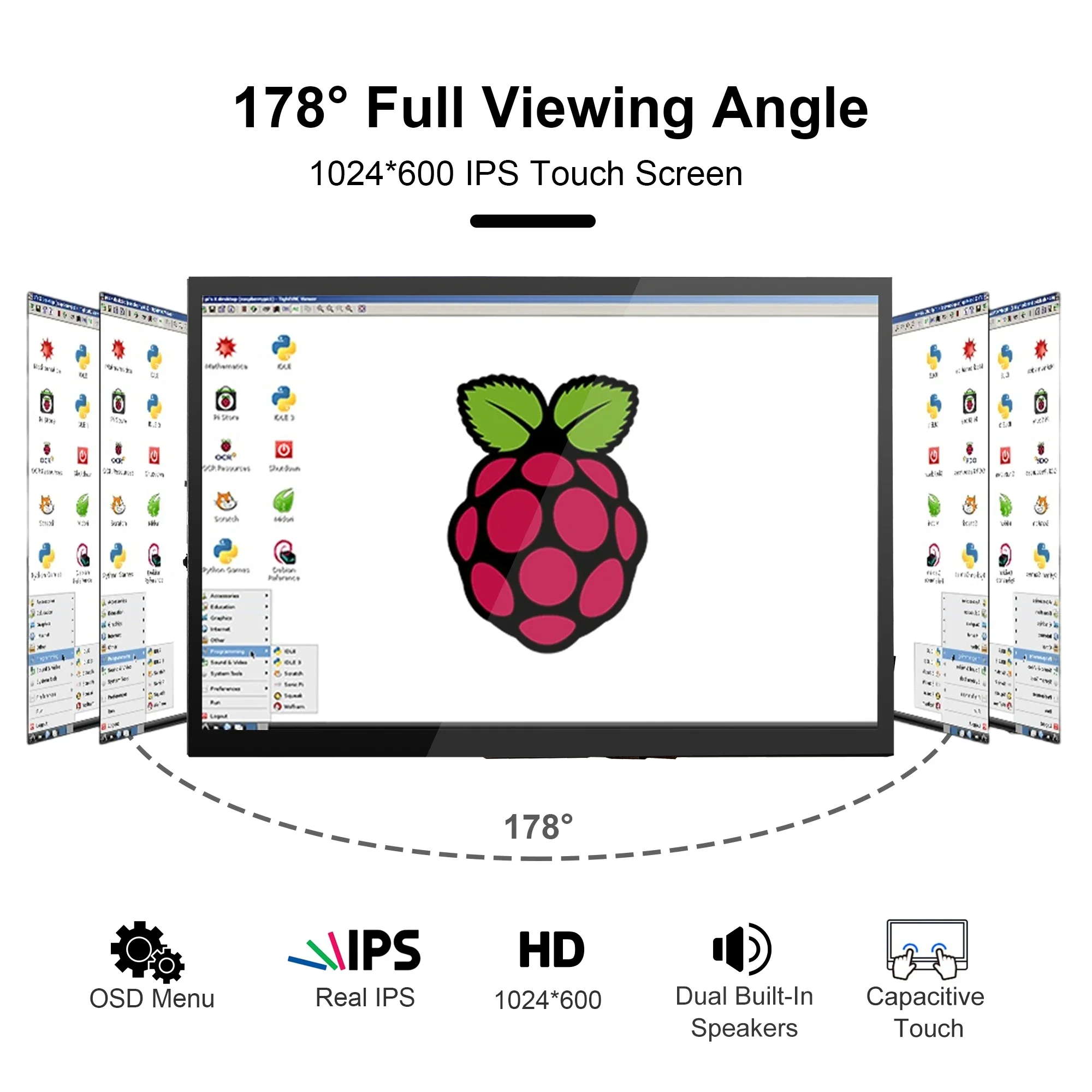 10.1 Inch Raspberry Pi IPS Touchscreen 1024x600 USB HDMI Display for Raspberry Pi 5 4 4B 3 3B+ Black Banana Pi win Dual-Speaker