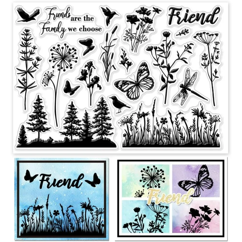 1PC Plant and Flower Silhouettes Clear Stamps for Cards Making Butterfly and Dragonfly Clear Stamp Seals Transparent Stamps
