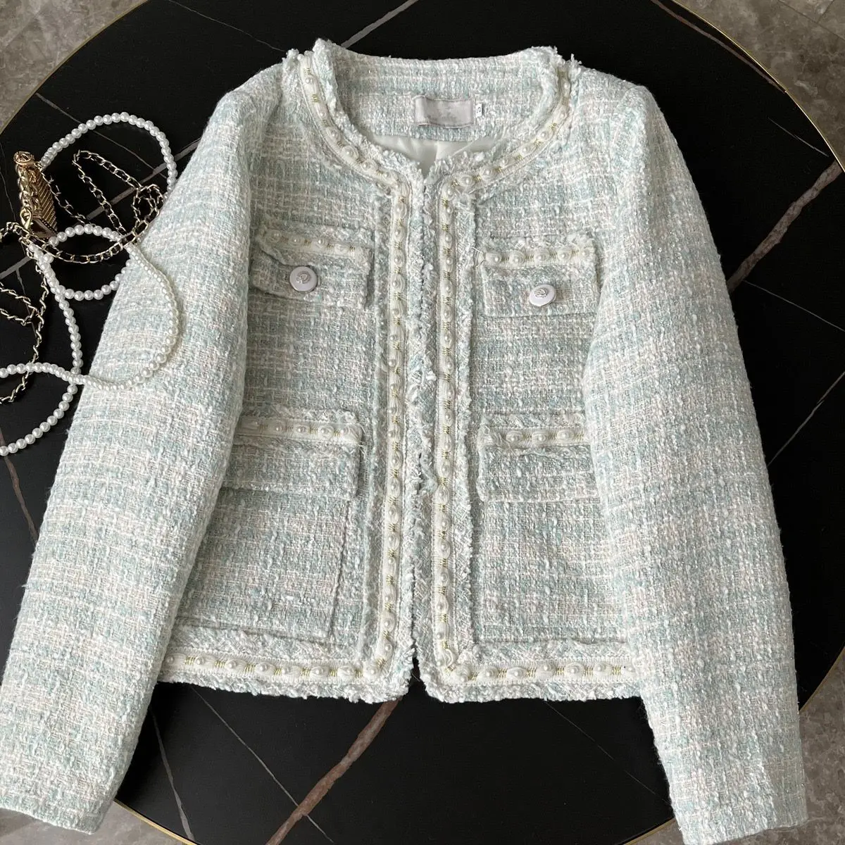 

2024 Spring Autumn Blazer Women Heavy Industry Beaded Small Fragrant Tweed Gentle Elegant Short Jacket O Neck Tops Coat C19