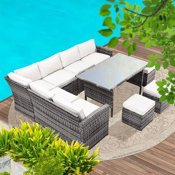 7 Pieces Conversation Set Outdoor Patio Furniture Sofa Set, All-Weather Rattan  Sofa with Ottoman, Cushion, Dining Table