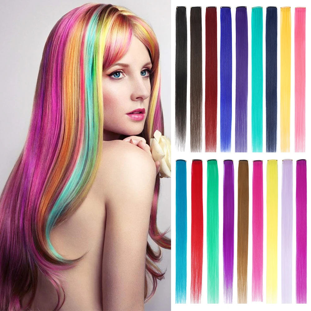 Épingles à cheveux synthétiques pour filles, 10 mèches de cheveux, extension de cheveux longs et raides, pince à cheveux colorée, cheveux