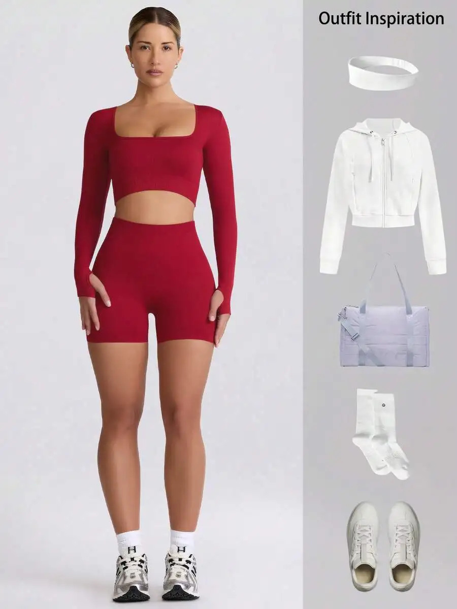 

Women Seamless Long Sleeve Yoga Set High Waist Shorts Tummy Control Sports Outfit