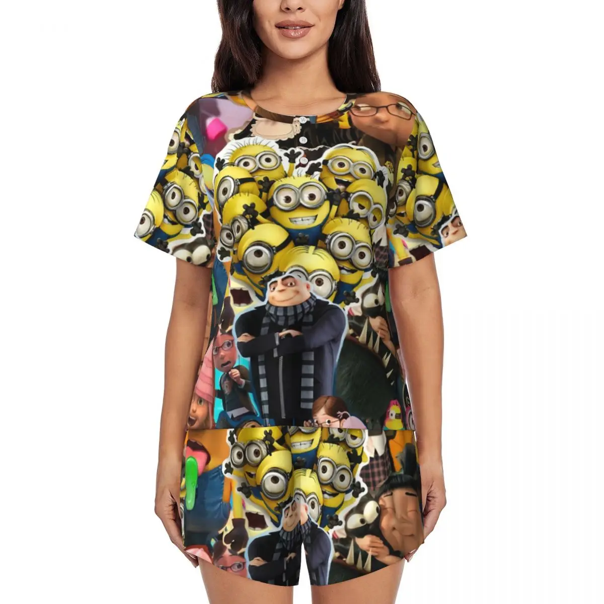 Custom Print Women's Cartoon Animation Minions Anime Pajamas Set Short Sleeve 2 Piece Sleepwear Pj Lounge Sets