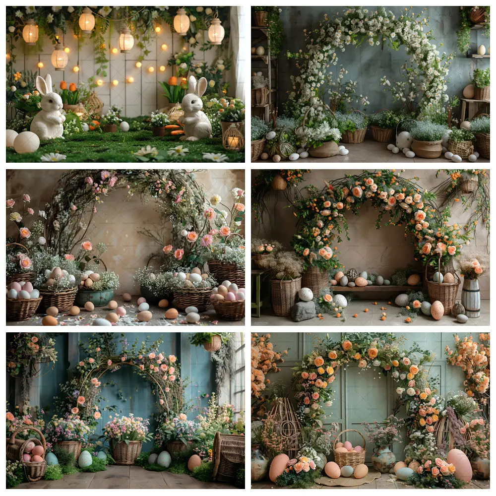 

Spring Happy Easter Backdrop Arch Floral Rabbit Egg Bunny Flower Garden kids Birthday Easter Photography Background Photo Studio