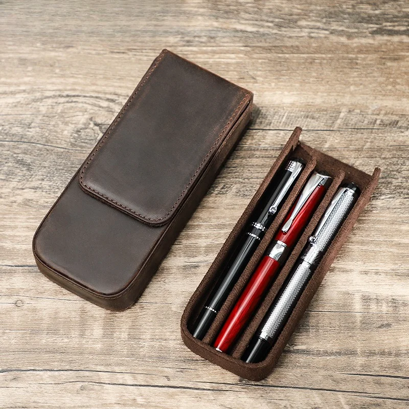 Crazy Horse Leather Pen Pouch, 3 Pens Handmade Magnetic Drawer Pen Storage Box In Stock Stationery Gift