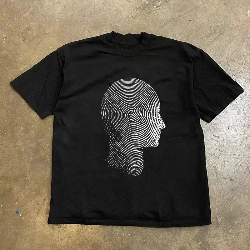 Fingerprint Texture Human Side Profile Head Graphic T Shirt Abstract Minimal Line Portrait Cotton Oversized Short Sleeve Tee