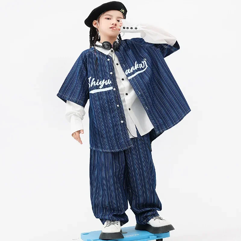 Hip Hop Meisjeskleding Groene Letter Shirt Street Dance Gestreepte Jeans Voor Kinderen Jongens Prestaties Moderne Dans Kleding Jazz Kostuum