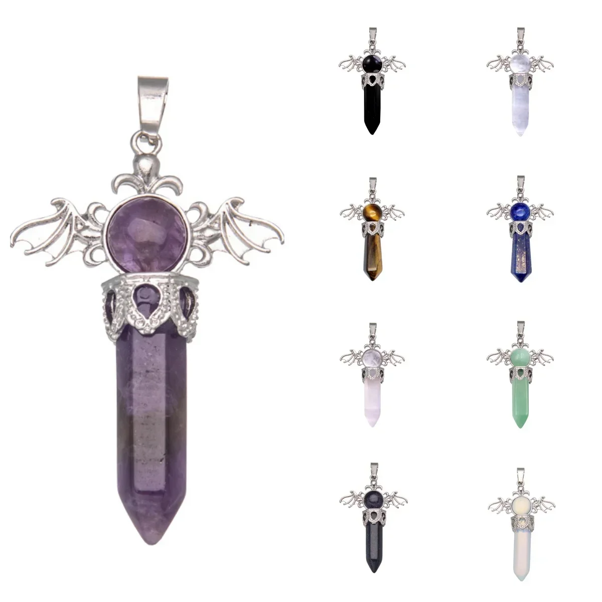 JOYA GIFTNew Hand Carved Natural Crystal Angel Wings Hexagonal pointed pillar Pendant Healing  Calm the Mood Jewelry Gift