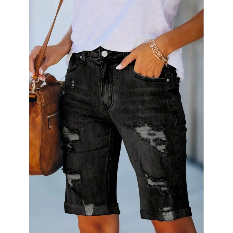 

2026 Women Jean Shorts Ripped Casual Summer Mid Waist Stretchy Five Points Denim Jean Shorts