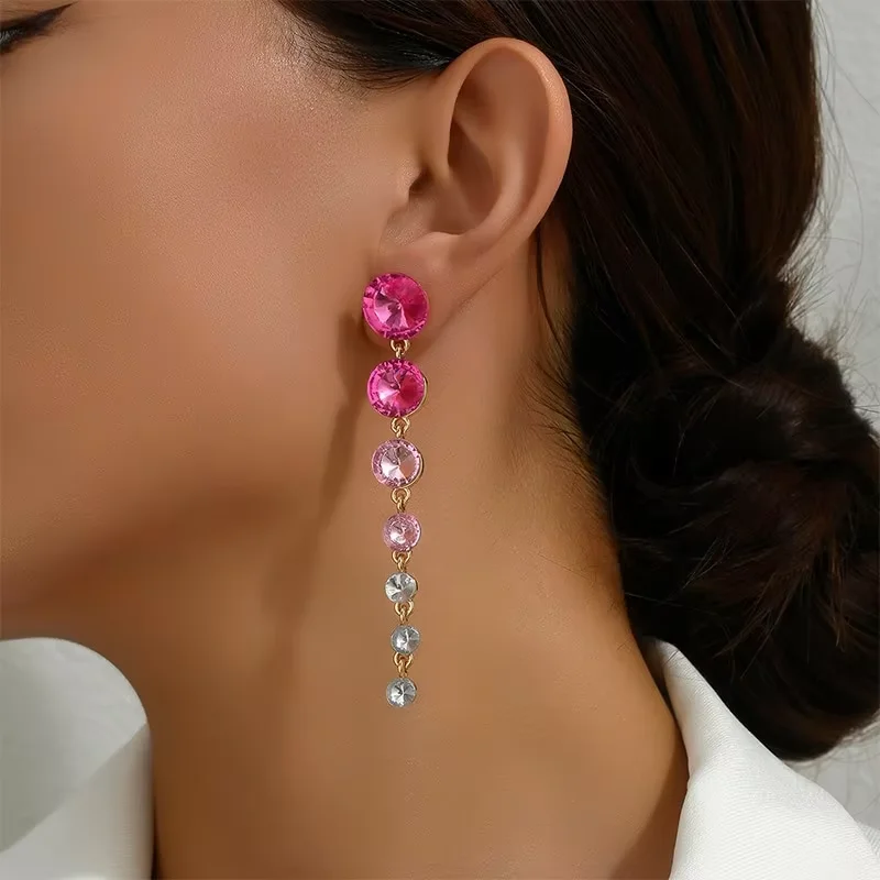 Multicolour Dangle Stud Earring Sparkling Gold-color Round Shape Crystal Stone Tassel Earrings Fascinating Jewelry For Woman