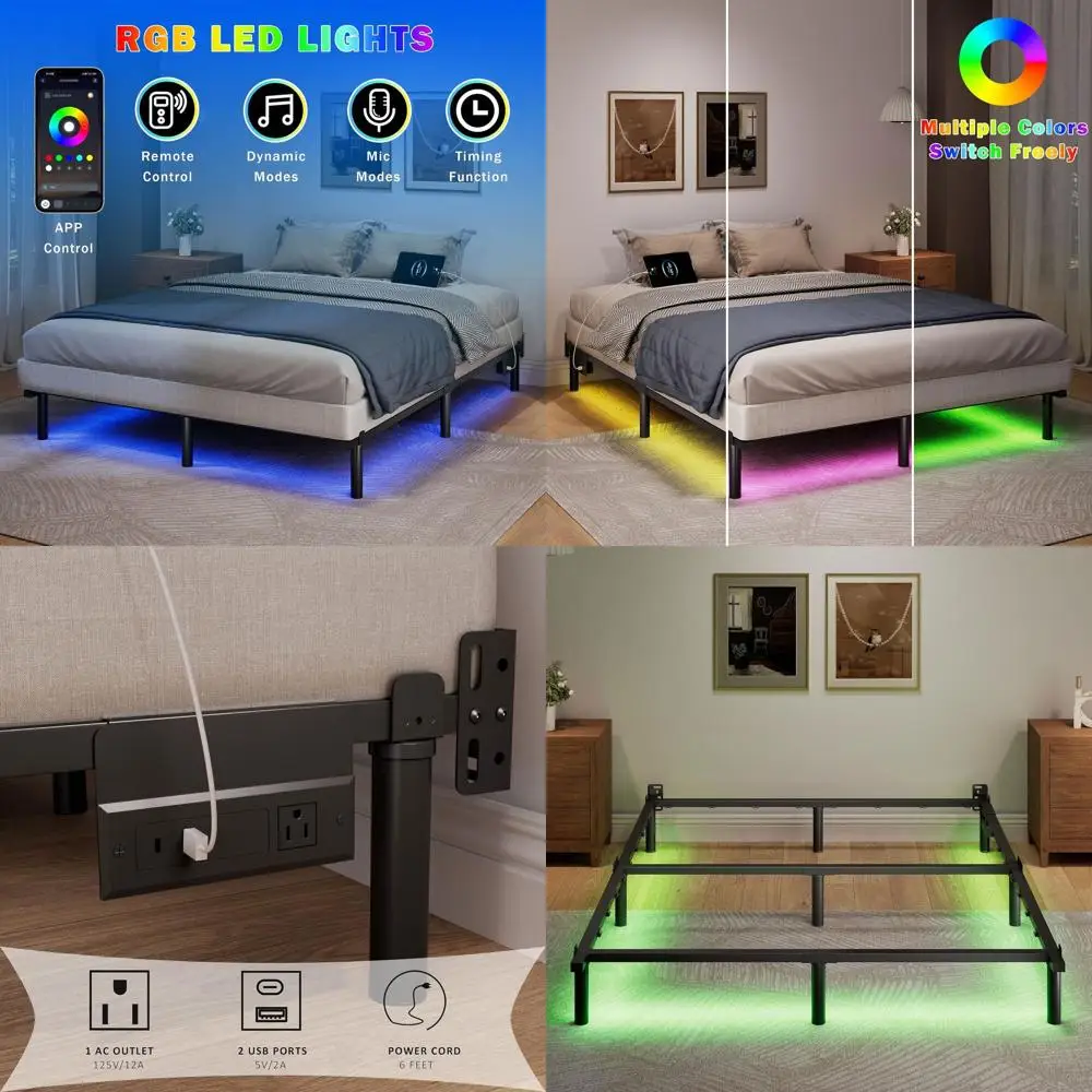 

Черная усиленная металлическая стальная рама для кровати 7 дюймов с LED-подсветкой, поддержкой матраса, шумопоглощением и простой сборкой